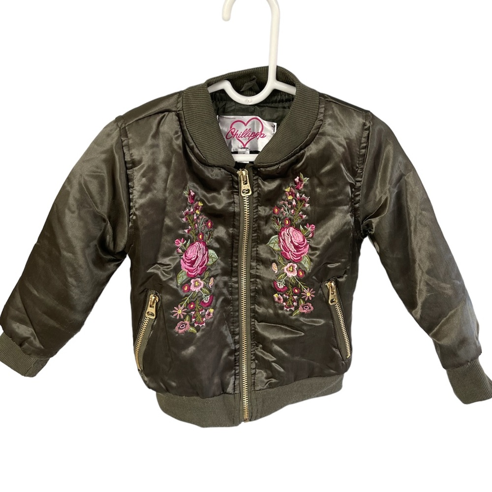 Camo green embroidered flower bomber jacket. 3T